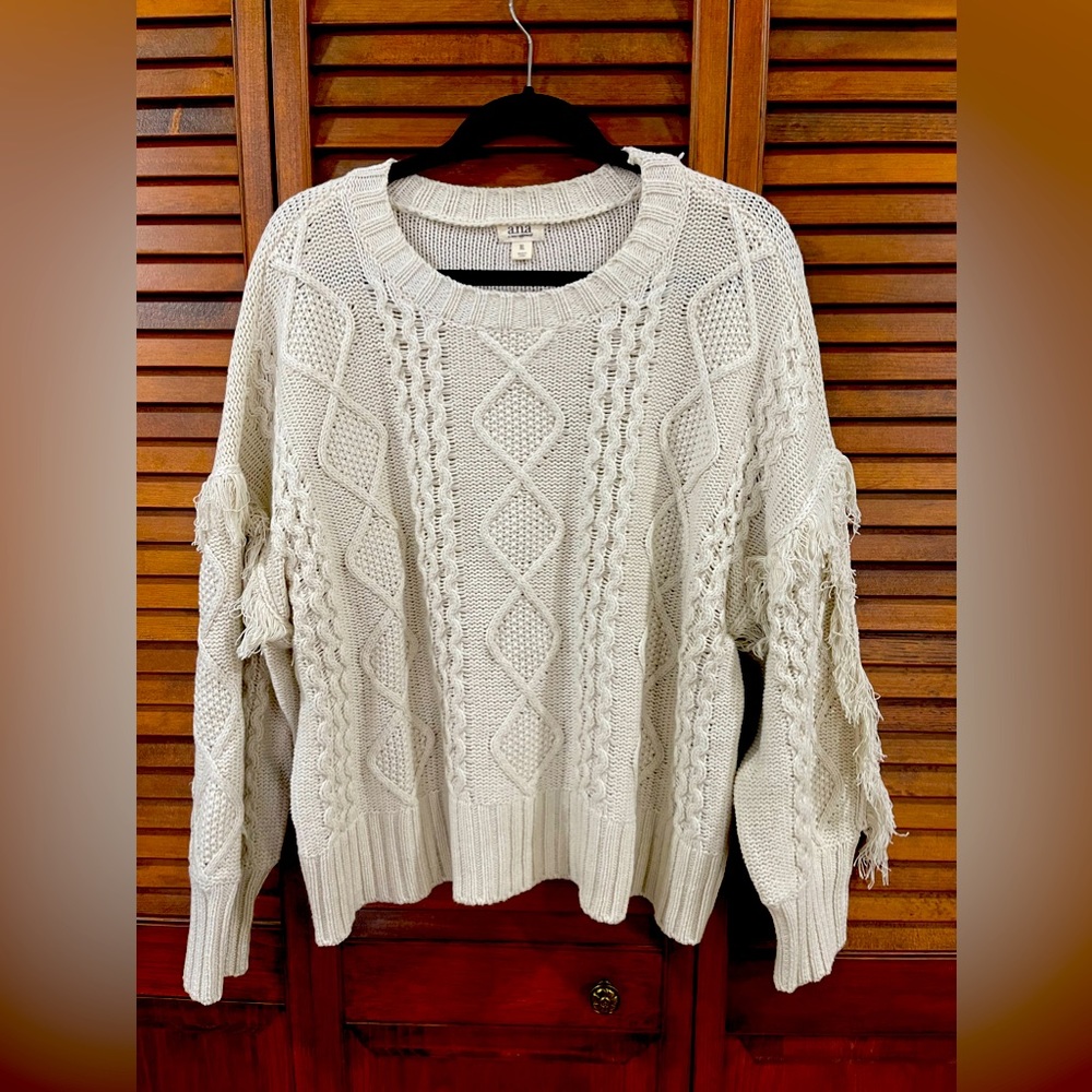 Tan/beige fringe sleeve knit sweater